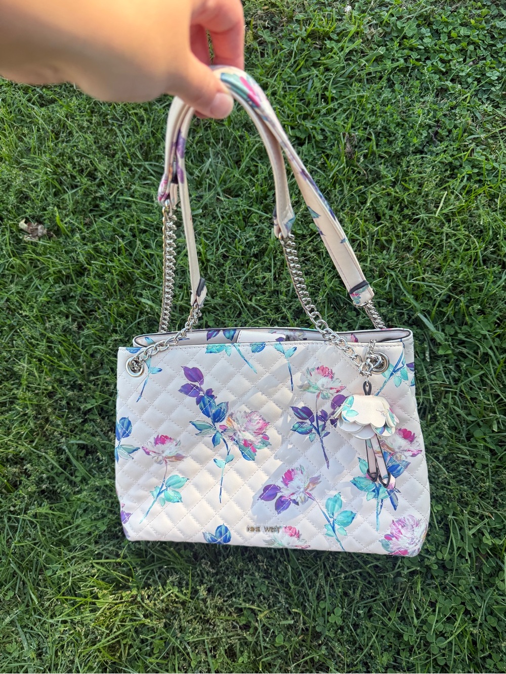 Nine West Floral Quilted Tote Handbag - White/Purple Floral